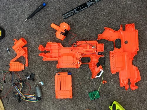 Nerf Elite Stryfe components for the FRED-209 Nerf tank of David Pride